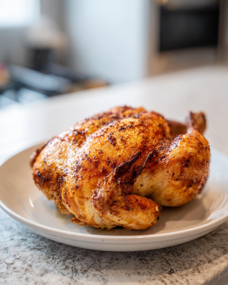 A golden brown, crispy skin air fryer whole chicken resting on a white plate on a speckled countertop.
