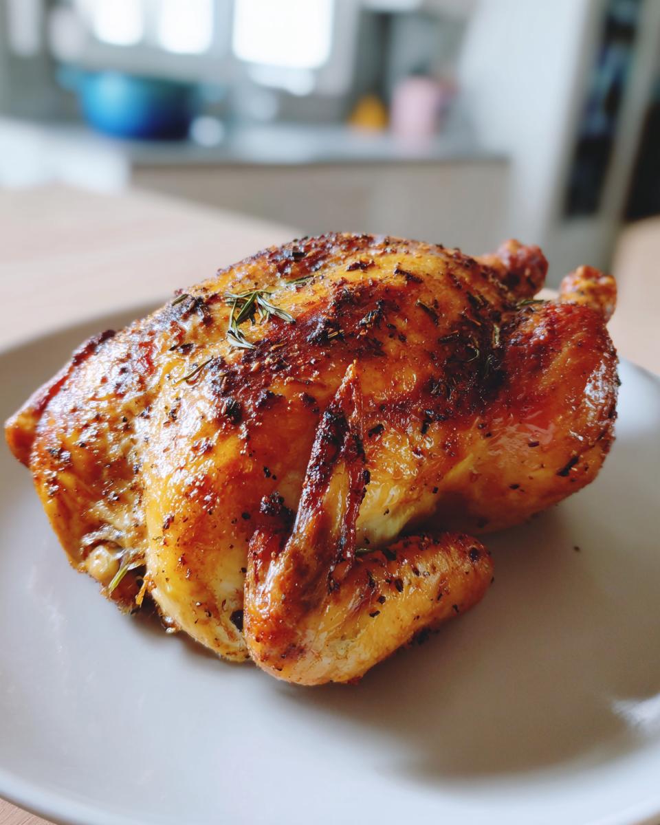 A golden-brown, crispy-skinned air fryer whole chicken seasoned with herbs, resting on a light-colored plate.