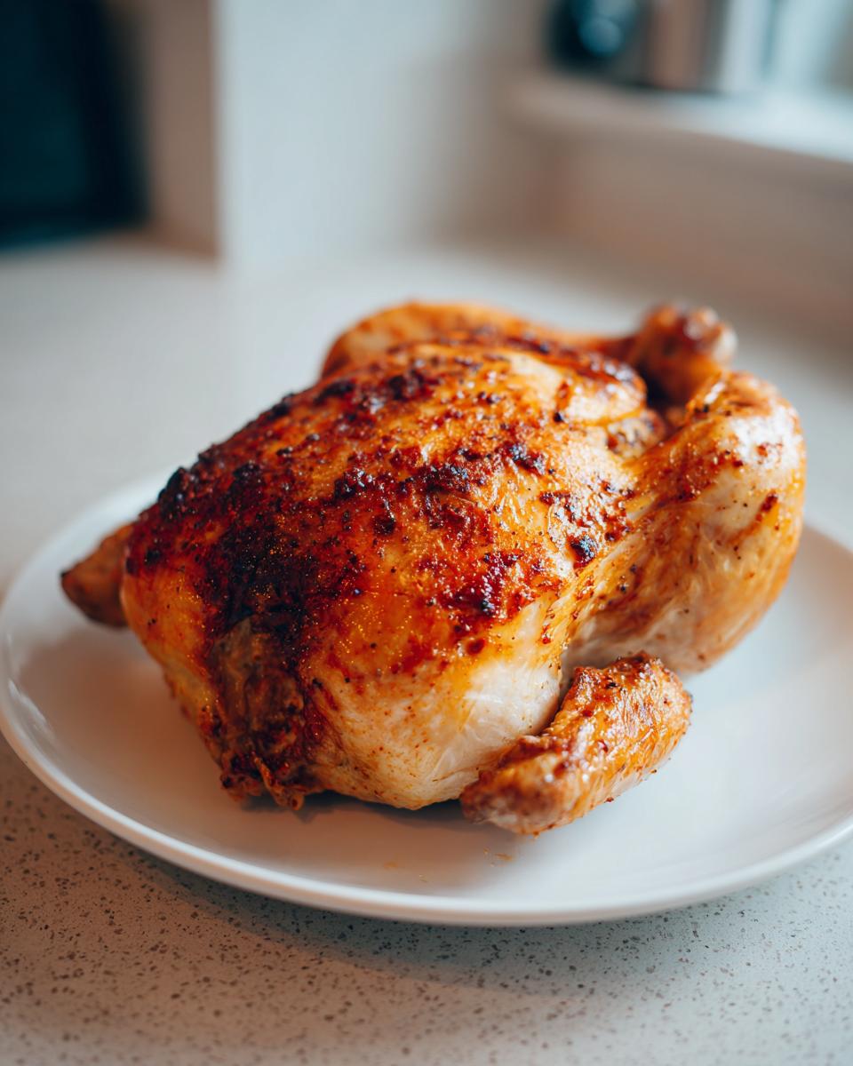 A beautifully browned and crispy air fryer whole chicken resting on a white plate.