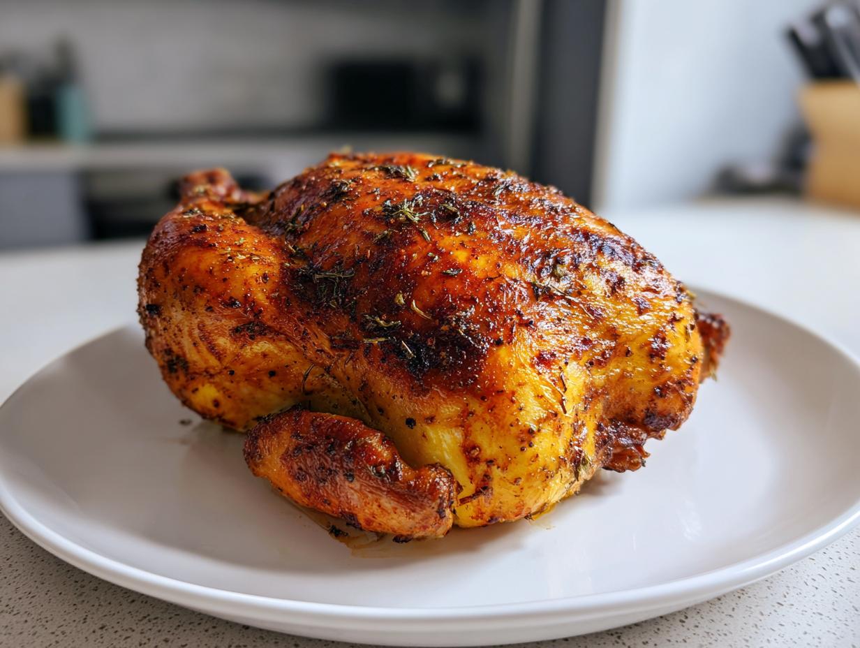 A whole roasted chicken with crispy, golden-brown skin seasoned with herbs, ready to serve, made using an air fryer whole chicken recipe.