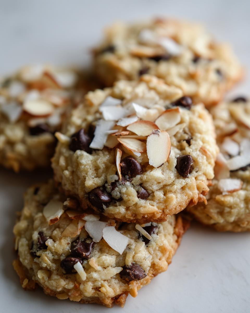 A stack of delicious almond joy cookies featuring chocolate chips, shredded coconut, and sliced almonds on top.