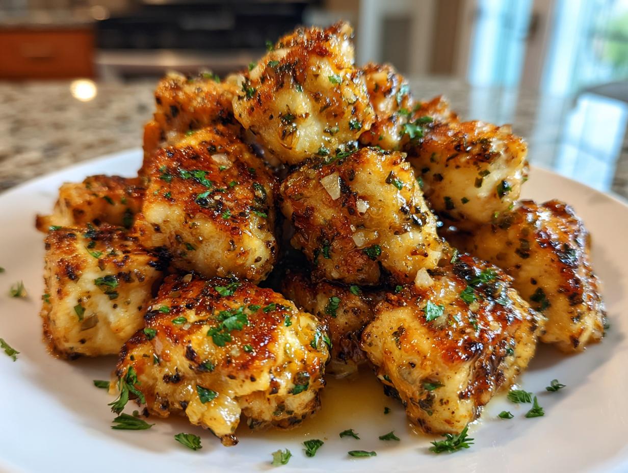 A pile of golden brown, pan-seared chicken bites coated in garlic butter and herbs, ready to eat.