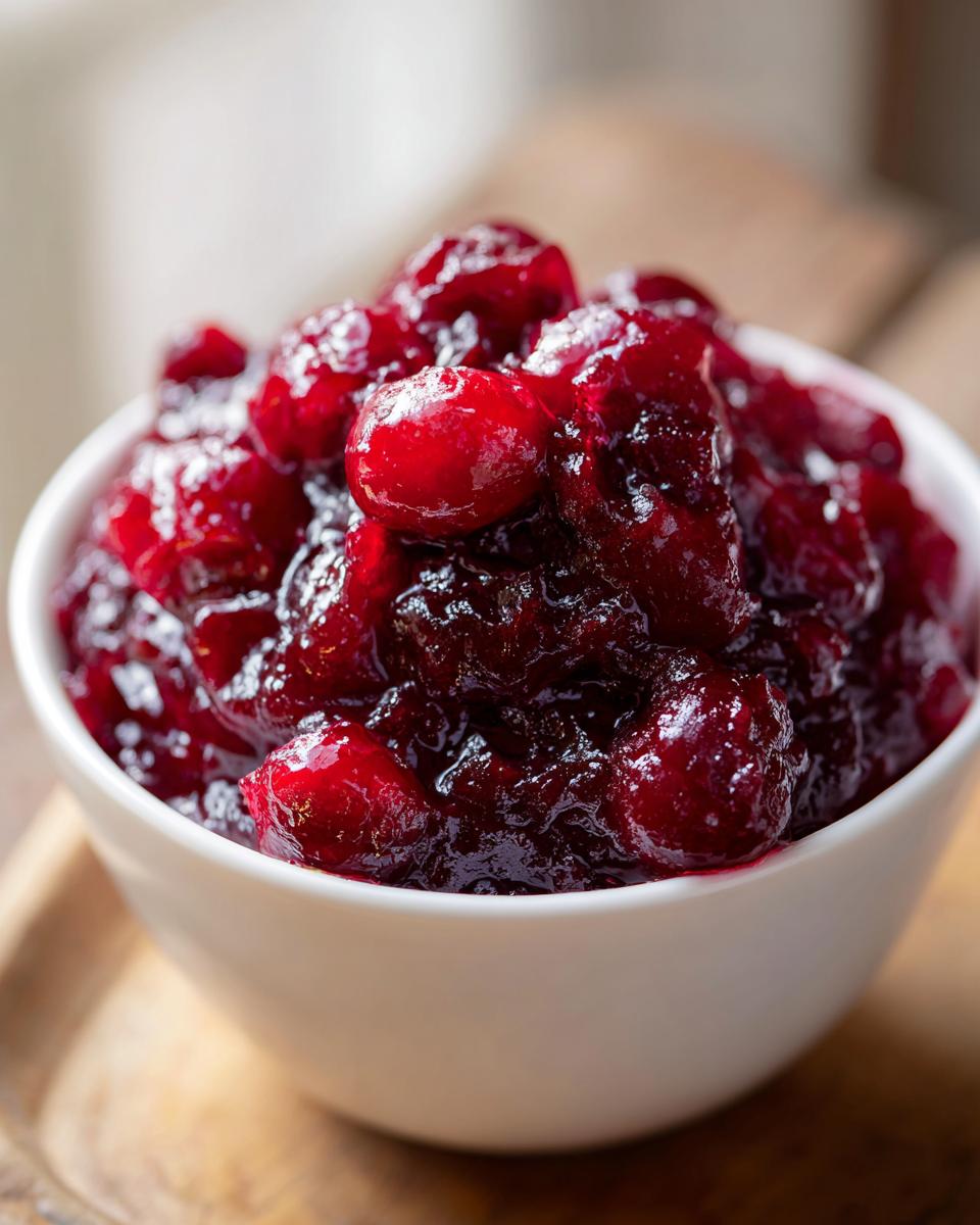 Close-up of chunky, glistening homemade cranberry sauce served in a small white bowl.