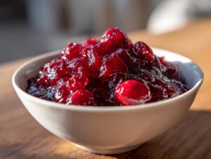 Close-up of glistening, deep red homemade cranberry sauce with whole berries in a small white bowl.