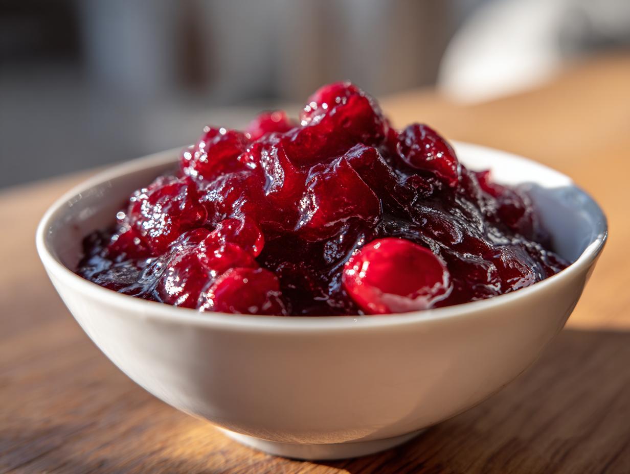 Close-up of glistening, deep red homemade cranberry sauce with whole berries in a small white bowl.