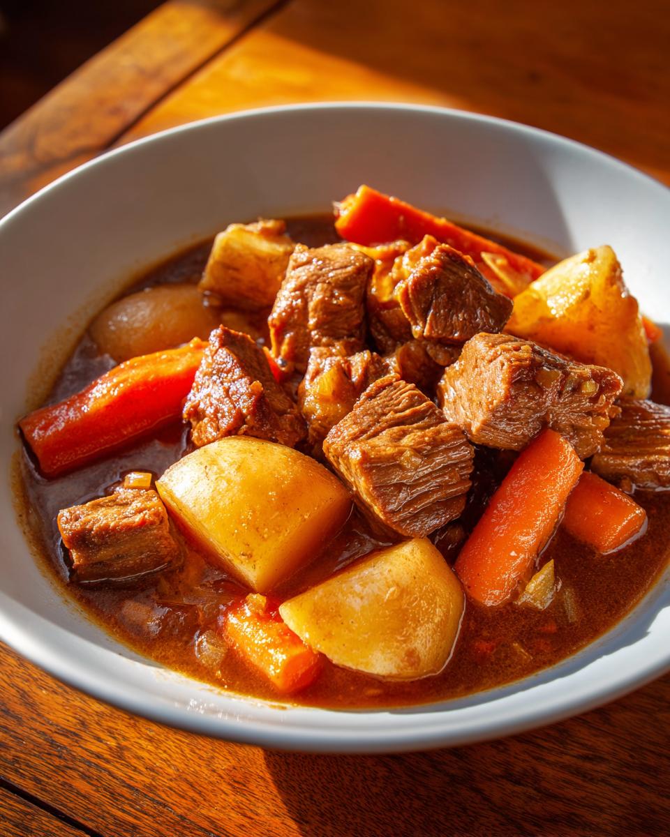 Close-up of tender chunks of pork stew mixed with large pieces of potato and carrot in a rich brown sauce.
