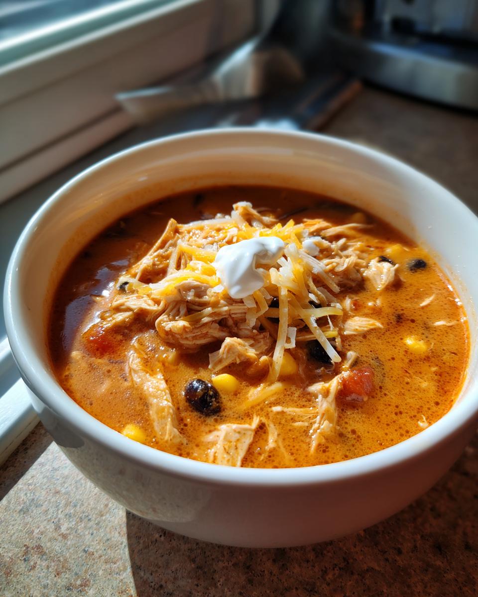 A close-up of a white bowl filled with rich, orange-hued chicken taco soup topped with shredded cheese and sour cream.