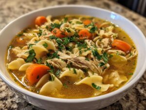 A close-up of a white bowl filled with steaming chicken noodle soup, featuring shredded chicken, egg noodles, carrots, and parsley.