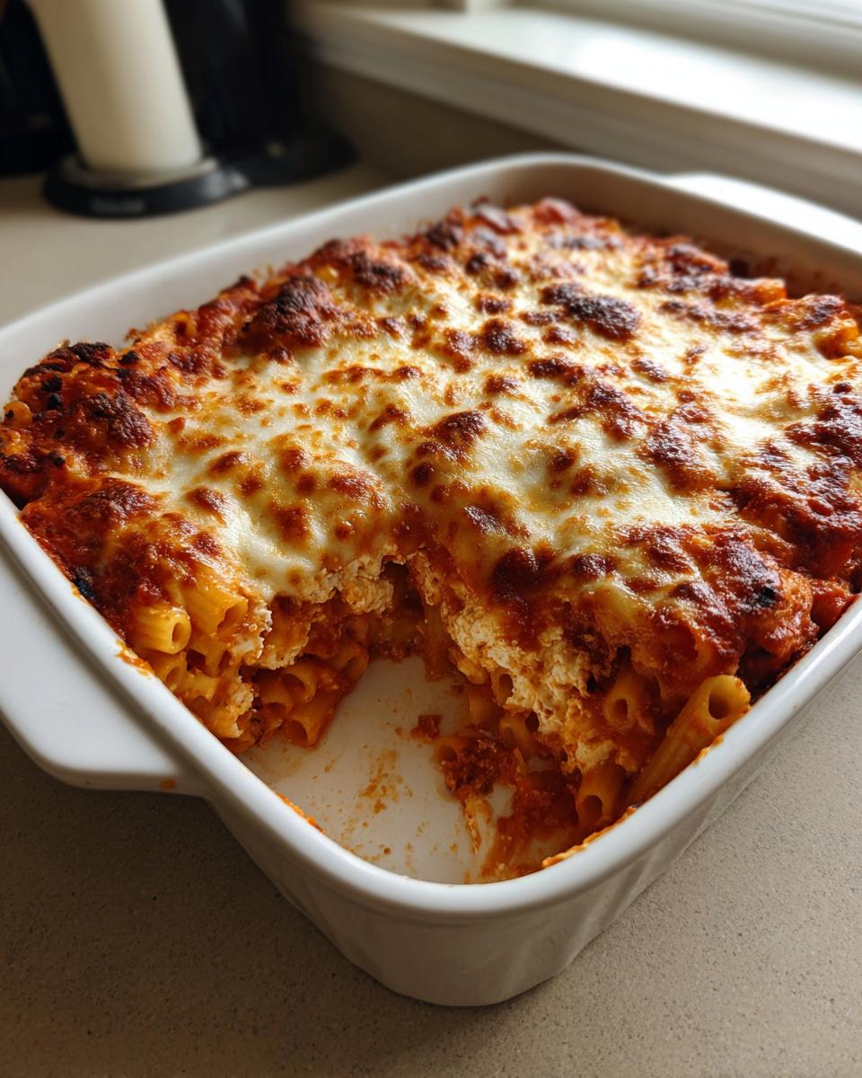 A square white baking dish filled with a bubbling, cheesy pasta bake, showing a serving removed.