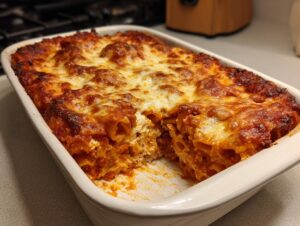 A rectangular white dish filled with a bubbling, cheesy, baked pasta bake, with a portion already served.