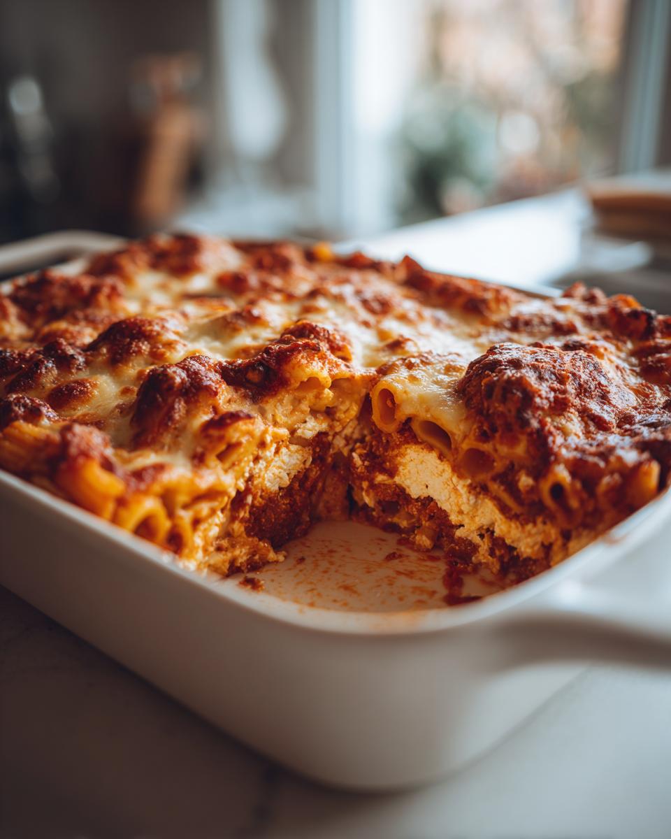 Close-up of a freshly baked pasta bake in a white dish with a serving removed, showing melted cheese and rich sauce.