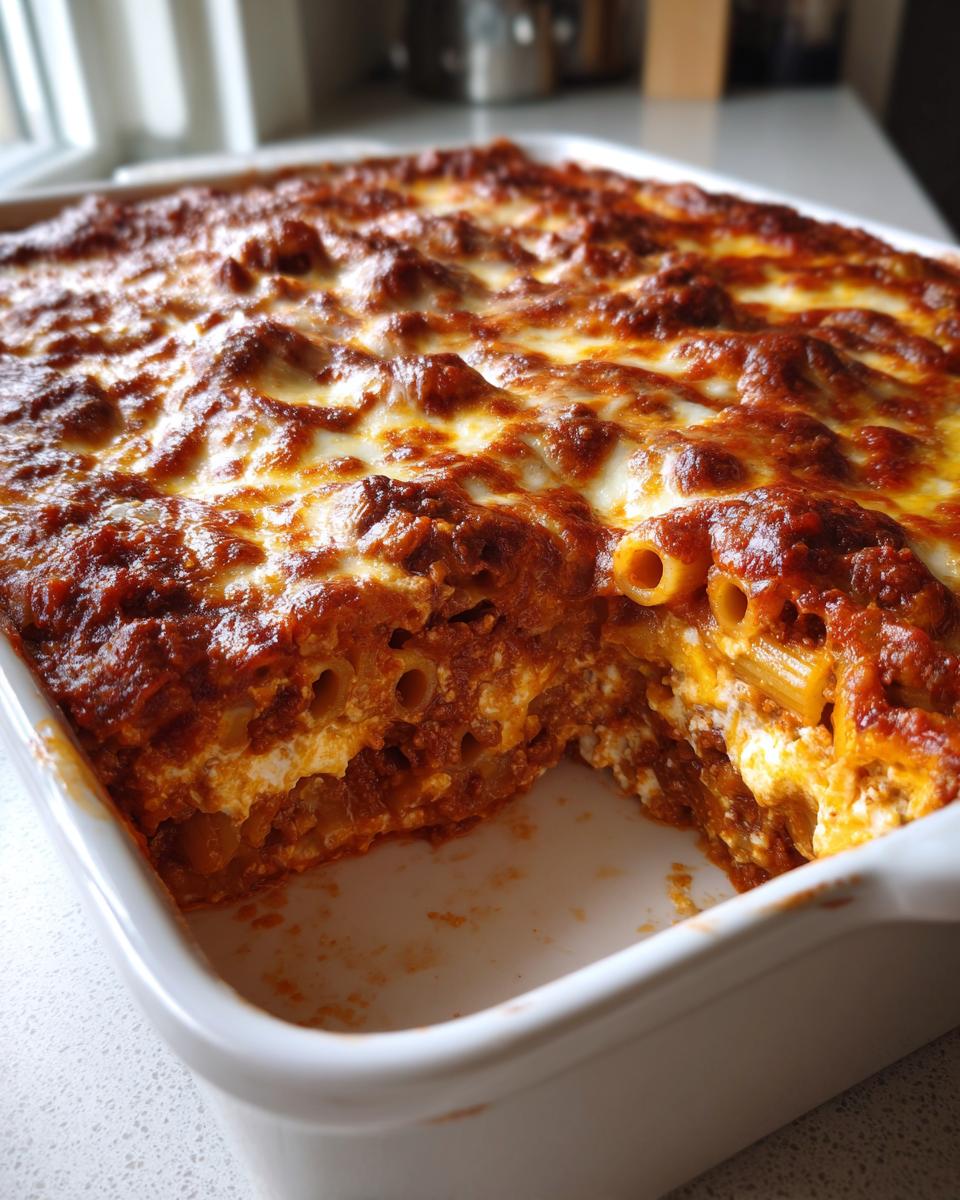 Close-up of a freshly baked pasta bake in a white dish, showing layers of rich red sauce and melted, bubbly cheese.