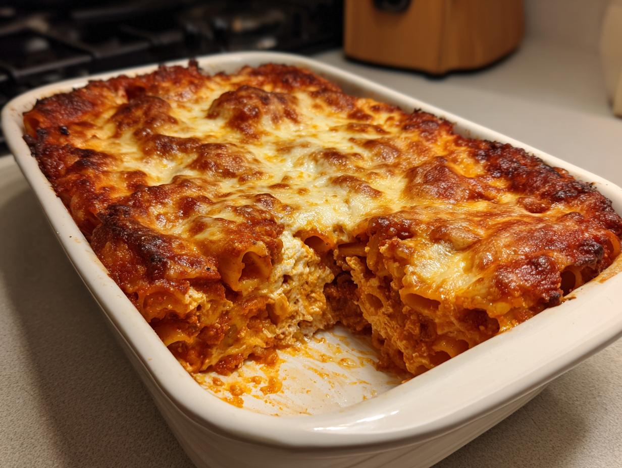A rectangular white dish filled with a bubbling, cheesy, baked pasta bake, with a portion already served.