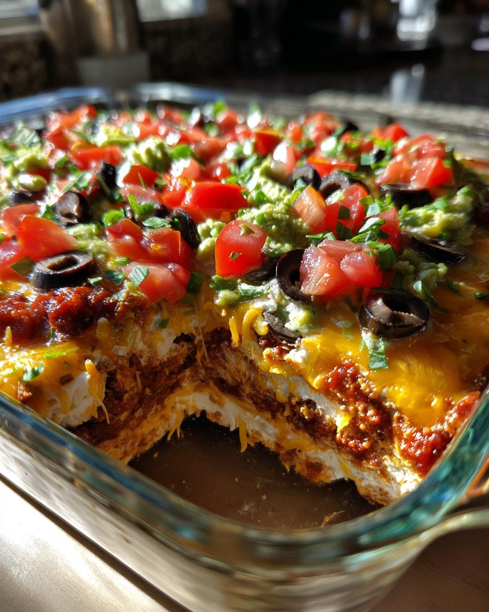 A serving has been taken out of a glass dish showing the distinct layers of the amazing 7 layer dip, topped with guacamole, tomatoes, and olives.