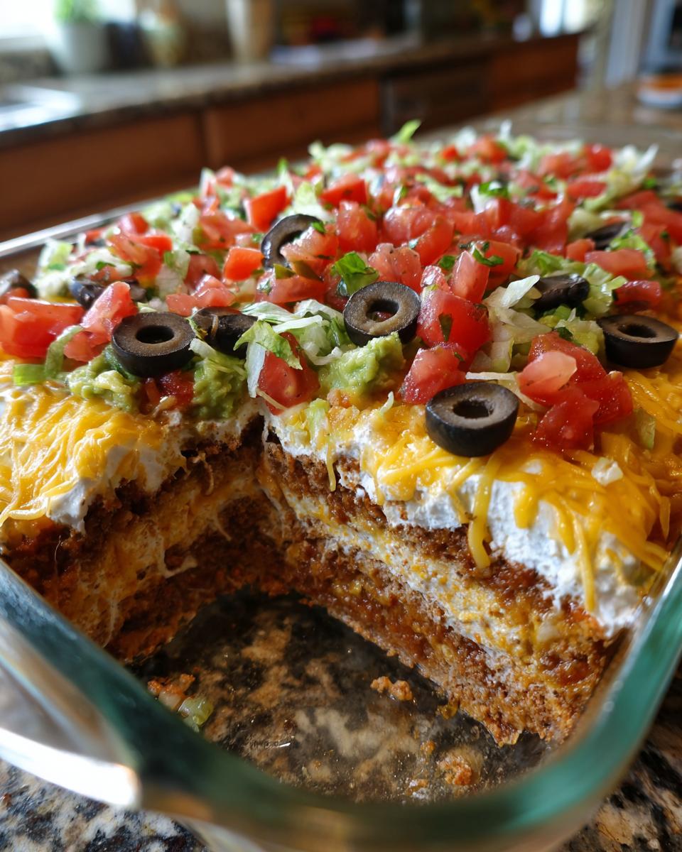 A cross-section view of a delicious 7 layer dip in a glass dish, showing layers of meat, cream, cheese, guacamole, tomatoes, and olives.