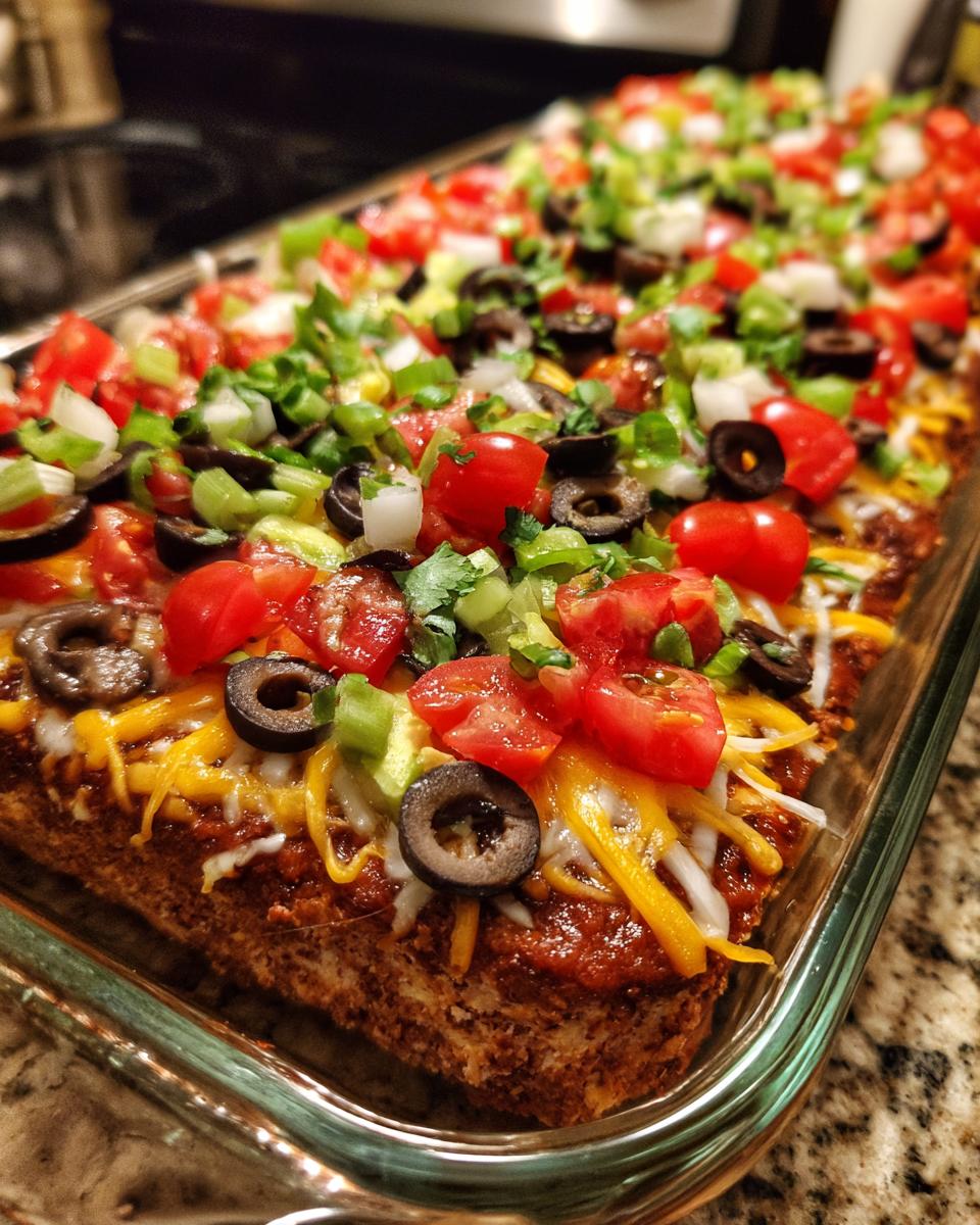 Close-up of a rectangular 7 layer dip topped with melted cheese, tomatoes, olives, and green onions.