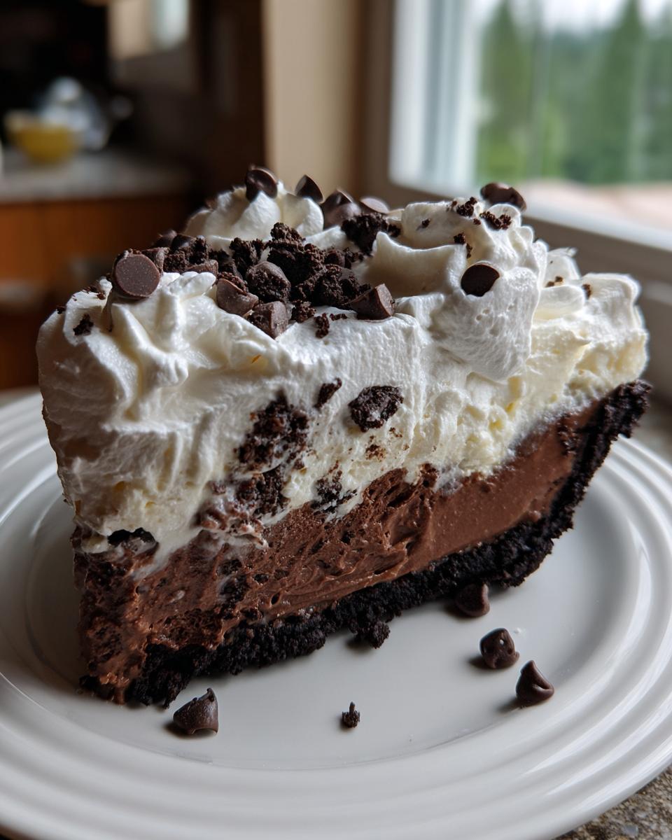 A decadent slice of 7-layer ice cream pie featuring chocolate layers, whipped cream, and chocolate chips.