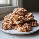 A stack of homemade avalanche cookies made with crispy cereal and a white binding mixture on a white plate.