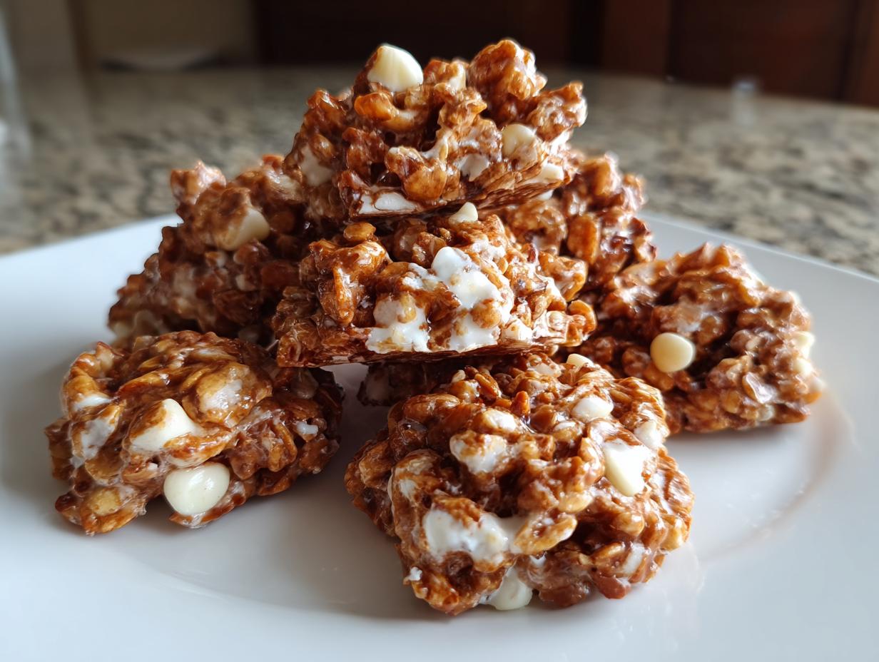 A close-up stack of rich, brown avalanche cookies mixed with white chocolate chips on a white plate.