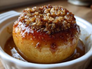 A close-up of a perfectly glazed baked apple topped with a brown sugar and oat crumble, sitting in a white ramekin.