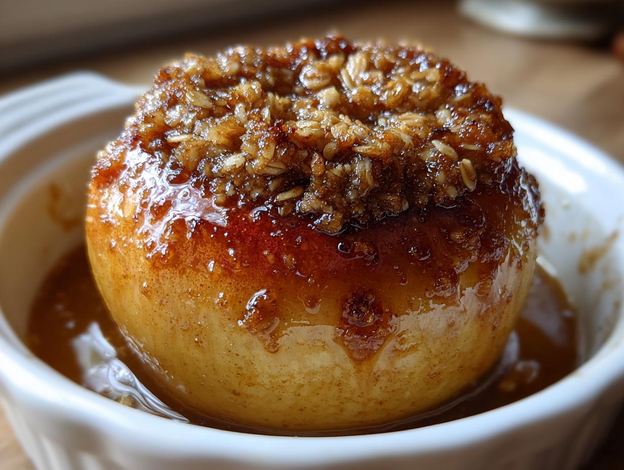 A close-up of a perfectly glazed baked apple topped with a brown sugar and oat crumble, sitting in a white ramekin.