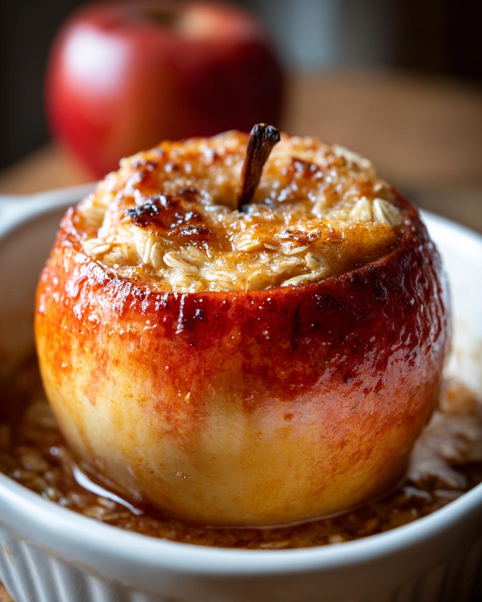 A close-up of a perfectly caramelized baked apple topped with oats, resting in a white ramekin.
