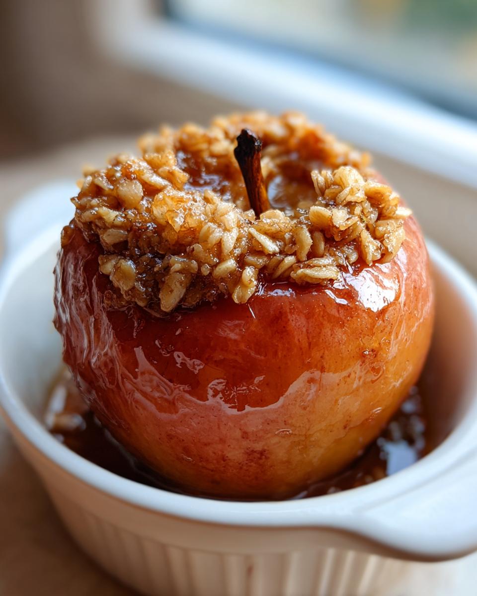 A close-up of a shiny, glazed baked apple topped with crunchy oats, served in a white ramekin.