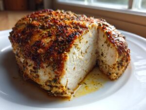 Close-up of a juicy baked chicken breast, sliced open to show the white interior and seasoned, golden-brown herb crust.