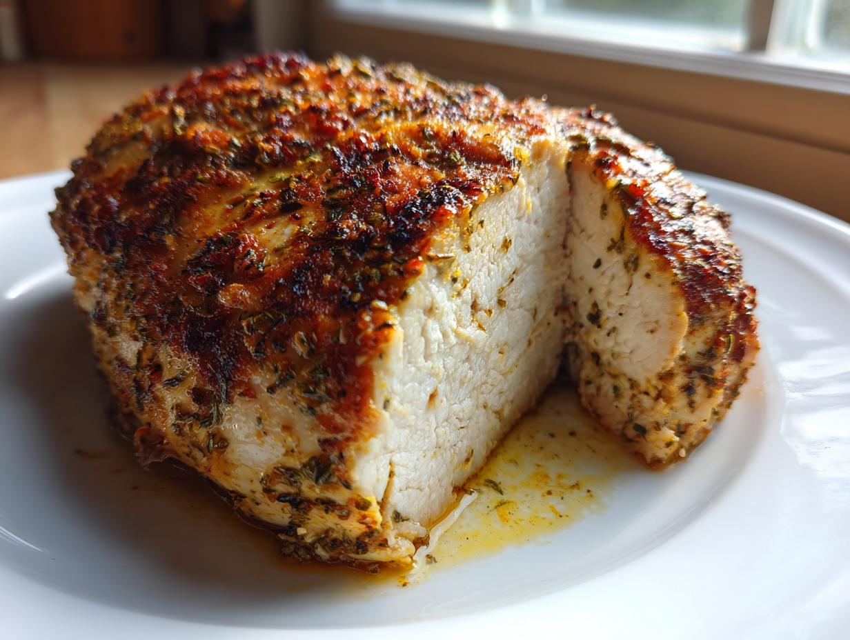 Close-up of a juicy baked chicken breast, sliced open to show the white interior and seasoned, golden-brown herb crust.