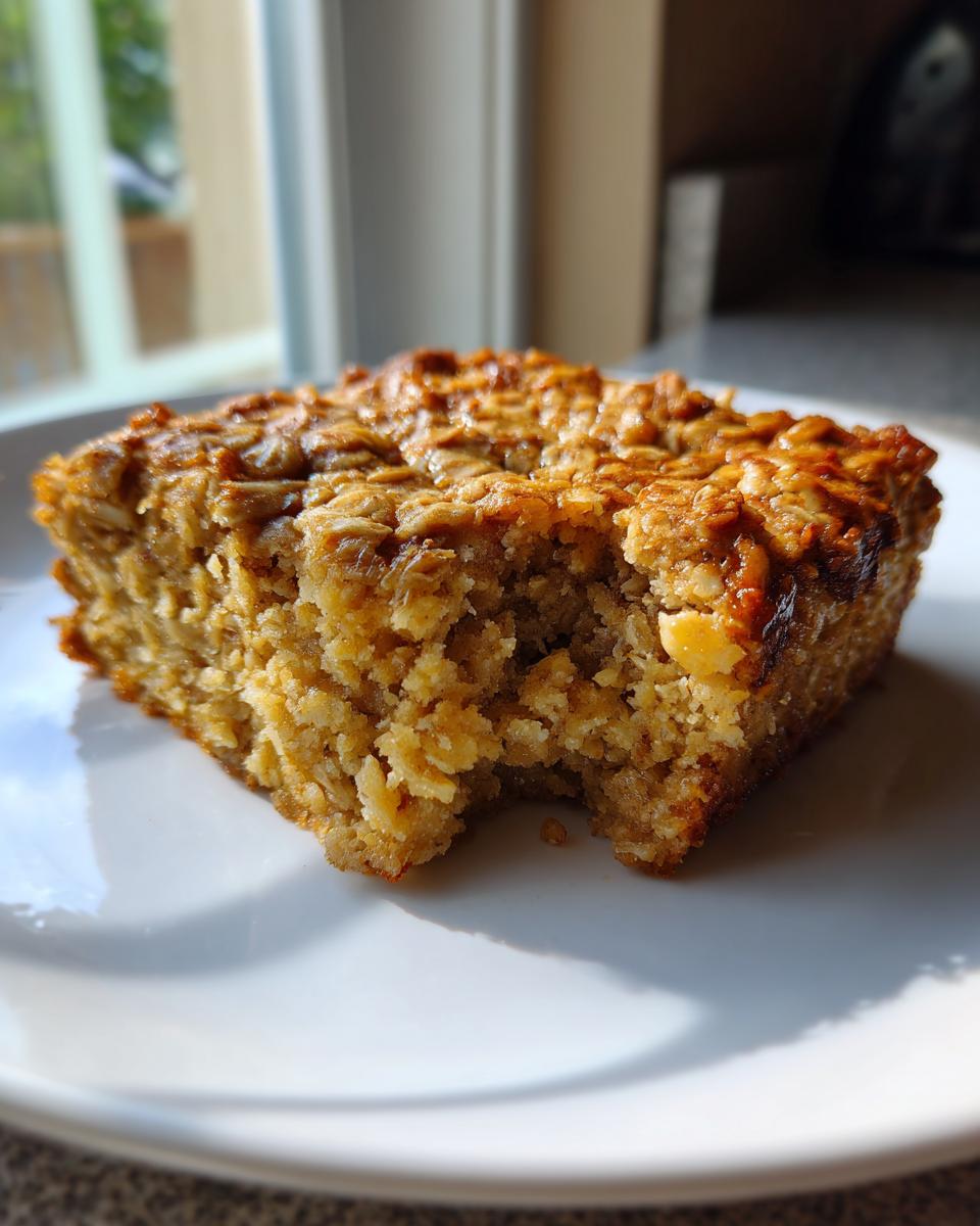 A square portion of golden brown baked oatmeal with a bite taken out, sitting on a white plate.