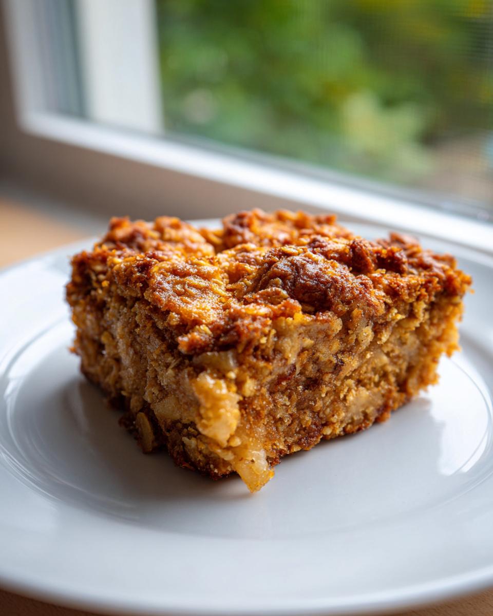 A close-up of a square slice of amazing baked oatmeal with a caramelized top, served on a white plate.