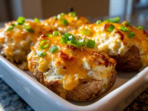 Close-up of a baked potato casserole dish filled with twice-baked potatoes topped with melted cheddar and green onions.
