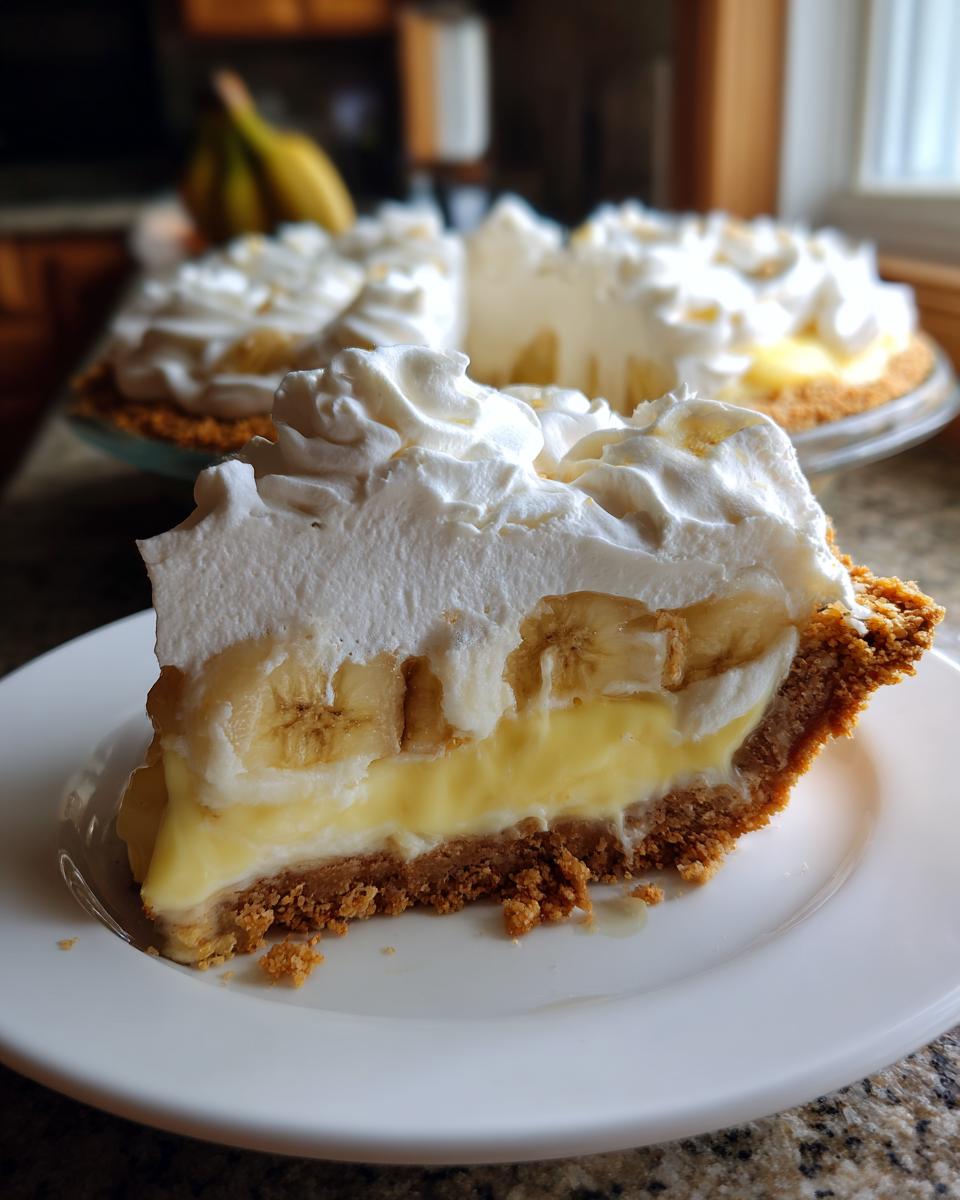 A close-up of a thick slice of amazing banana cream pie with graham cracker crust, vanilla custard, banana slices, and whipped cream.