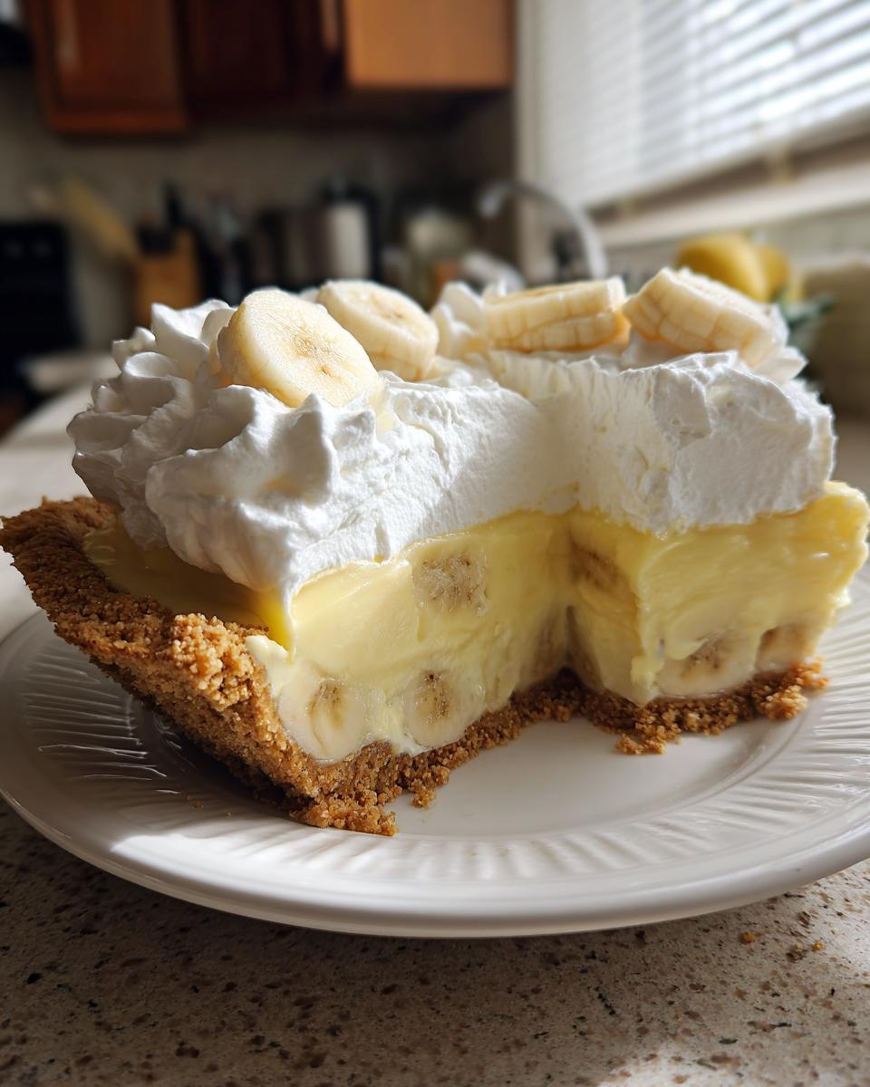 A thick slice of amazing banana cream pie showing layers of graham cracker crust, custard, bananas, and whipped cream topping.