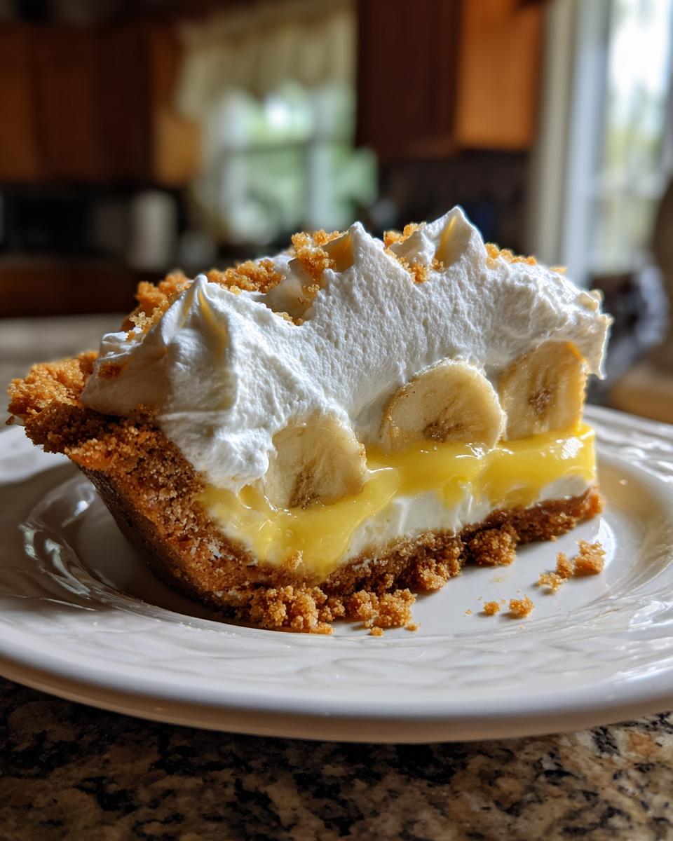 A perfect slice of amazing banana cream pie showing layers of graham cracker crust, custard, banana slices, and whipped cream topping.