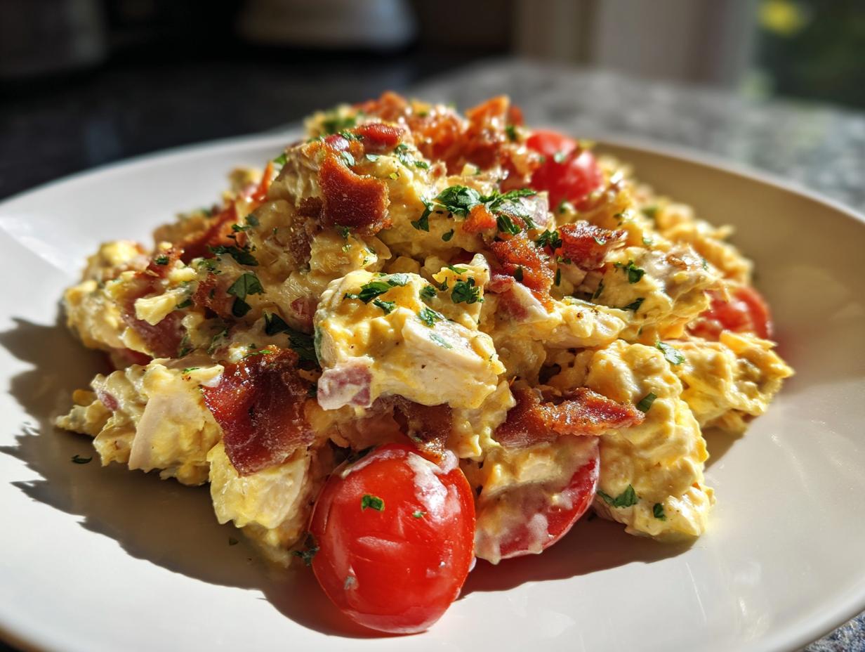A serving of creamy blt chicken salad mixed with crispy bacon pieces and halved cherry tomatoes.