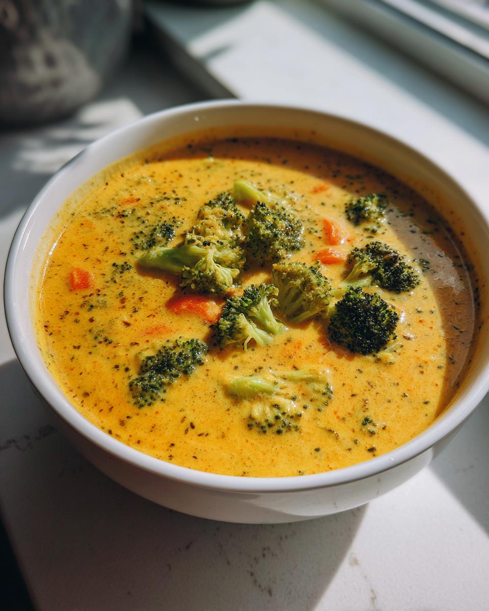 A close-up of a white bowl filled with creamy, vibrant yellow broccoli cheddar soup, topped with fresh broccoli florets and specks of seasoning.