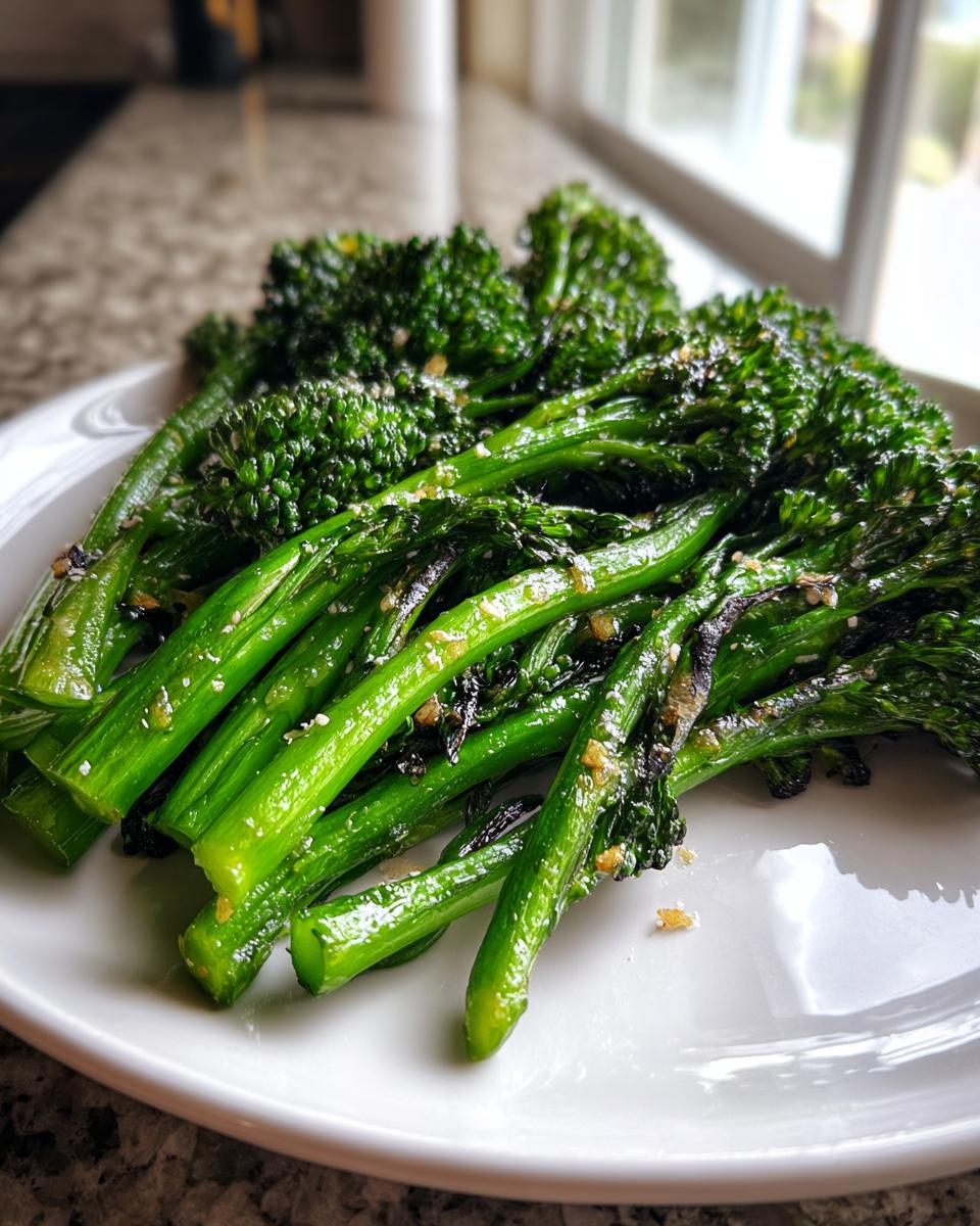 Close-up of vibrant green, slightly charred broccolini tossed with garlic served on a white plate.