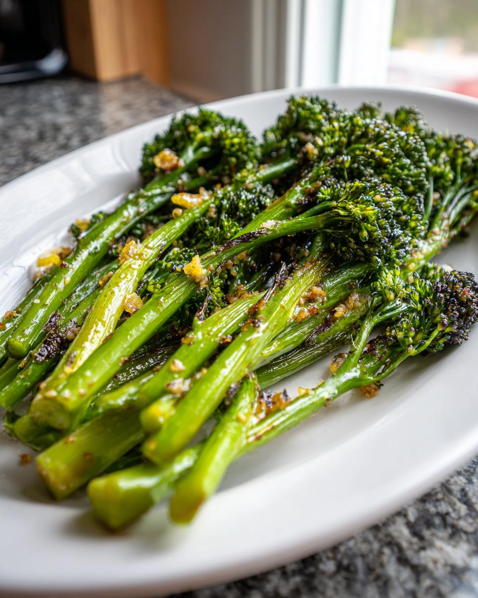 Close-up of vibrant green, sautéed broccolini tossed with garlic bits, served on a white platter.