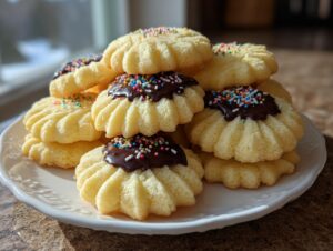 A stack of piped butter cookies, some dipped in chocolate and topped with rainbow sprinkles.
