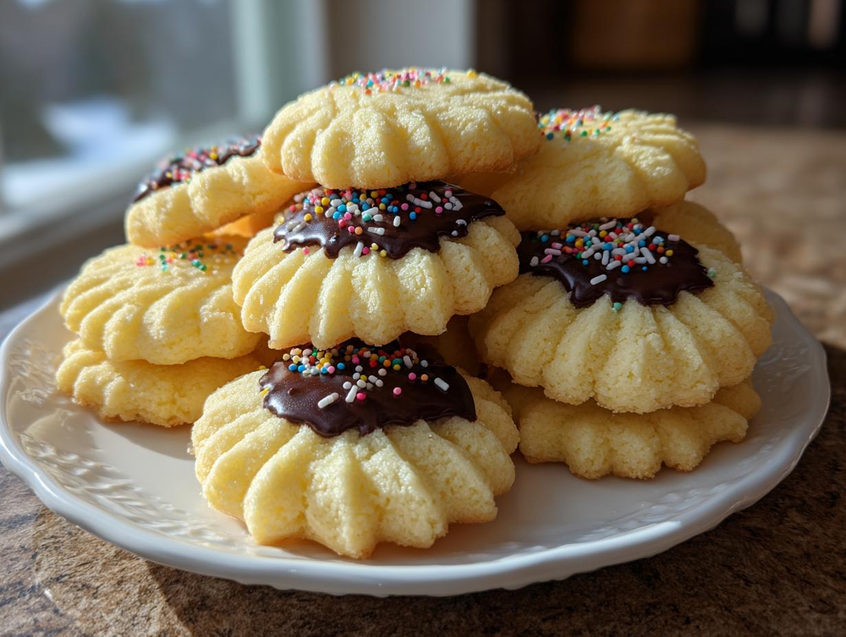 A stack of piped butter cookies, some dipped in chocolate and topped with rainbow sprinkles.
