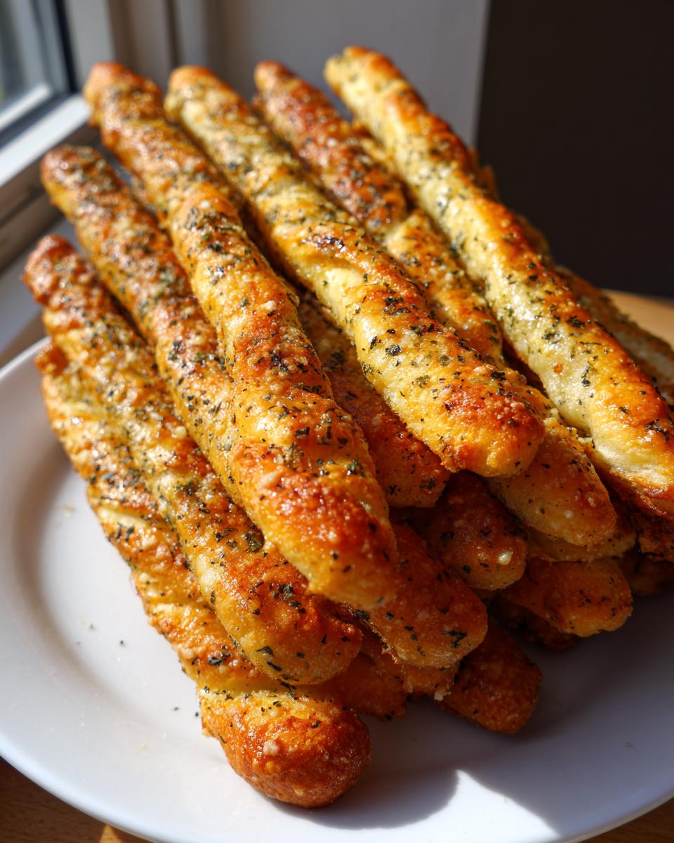 A close-up stack of golden brown, cheesy breadsticks seasoned with herbs, ready to eat.