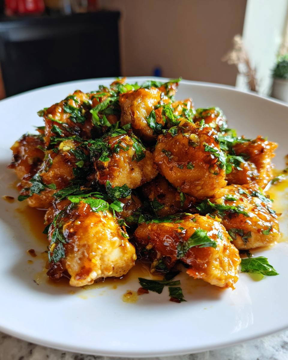 Close-up of golden, glazed chicken bites tossed in a savory sauce and topped with fresh chopped parsley.