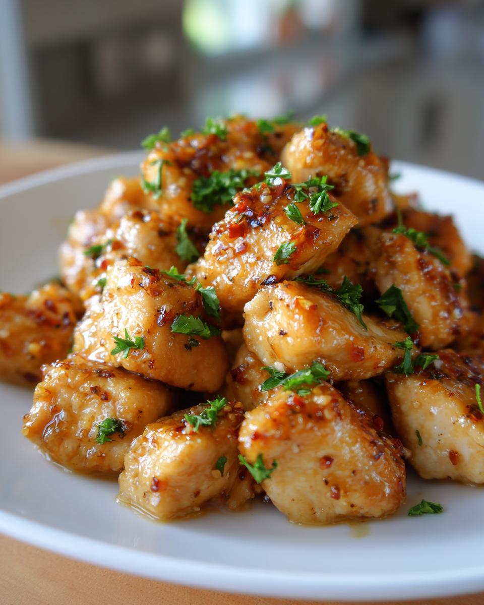Close-up of a pile of glossy, glazed chicken bites topped with chili flakes and fresh parsley.