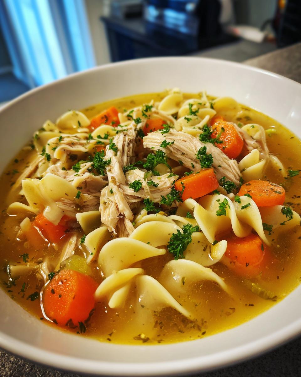 Close-up of a white bowl filled with homemade chicken noodle soup, featuring shredded chicken, shell pasta, carrots, and parsley.