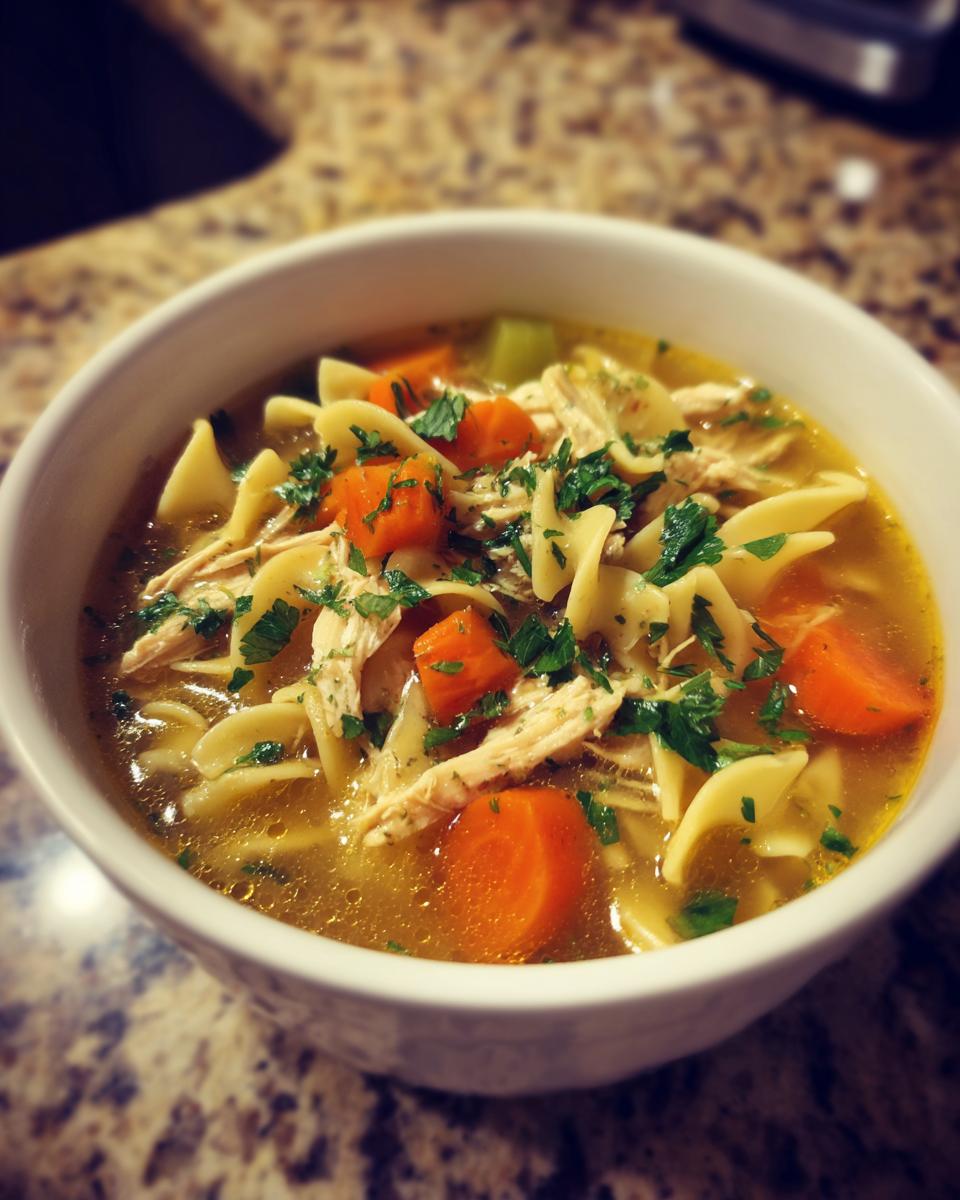 Close-up of a white bowl filled with homemade chicken noodle soup, featuring shredded chicken, egg noodles, carrots, and parsley.