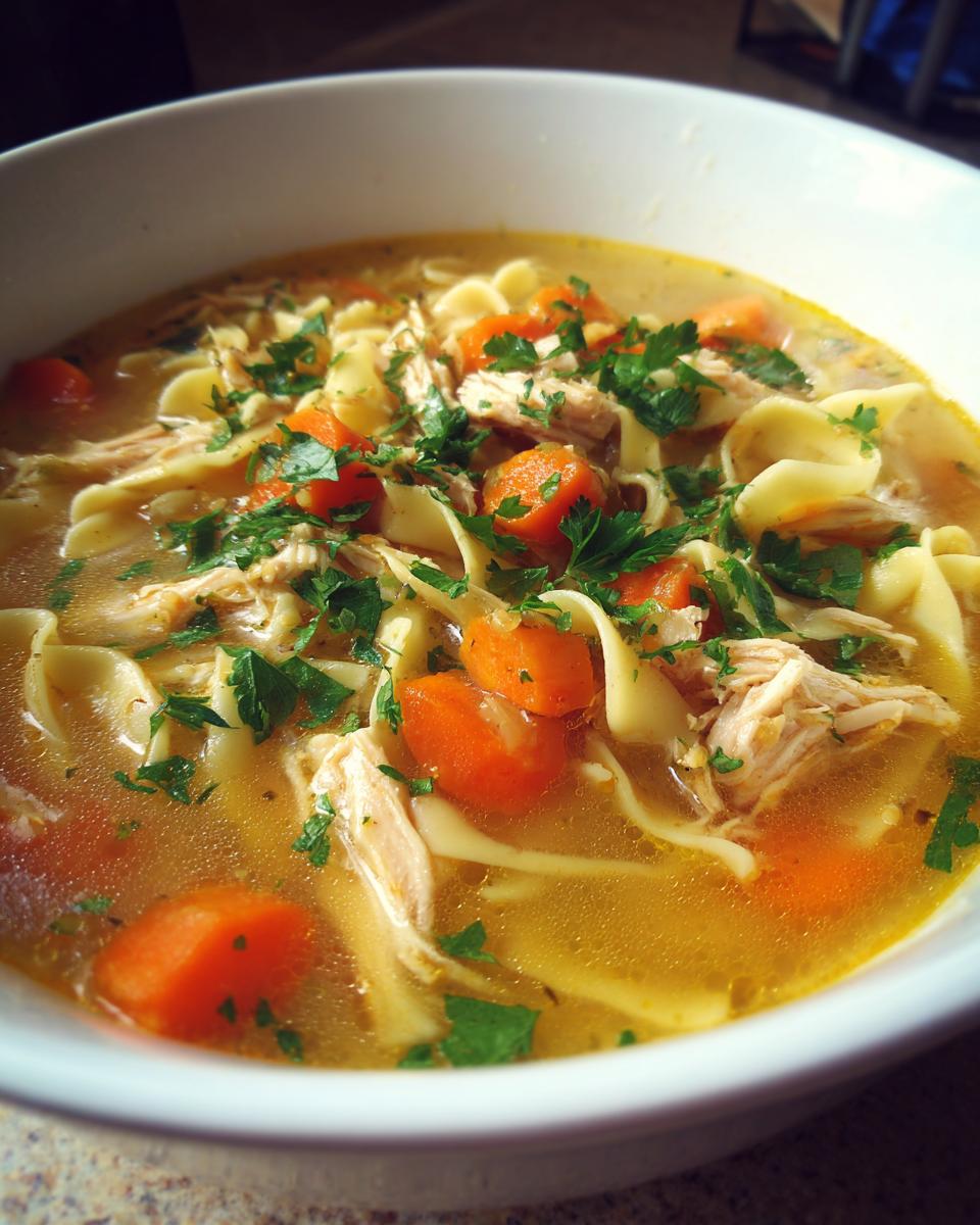 A close-up view of a hearty bowl of amazing chicken noodle soup featuring shredded chicken, wide egg noodles, and bright orange carrots.