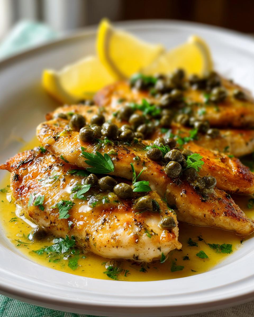 Close-up of pan-seared chicken piccata breasts topped with capers and fresh parsley in a bright lemon butter sauce.