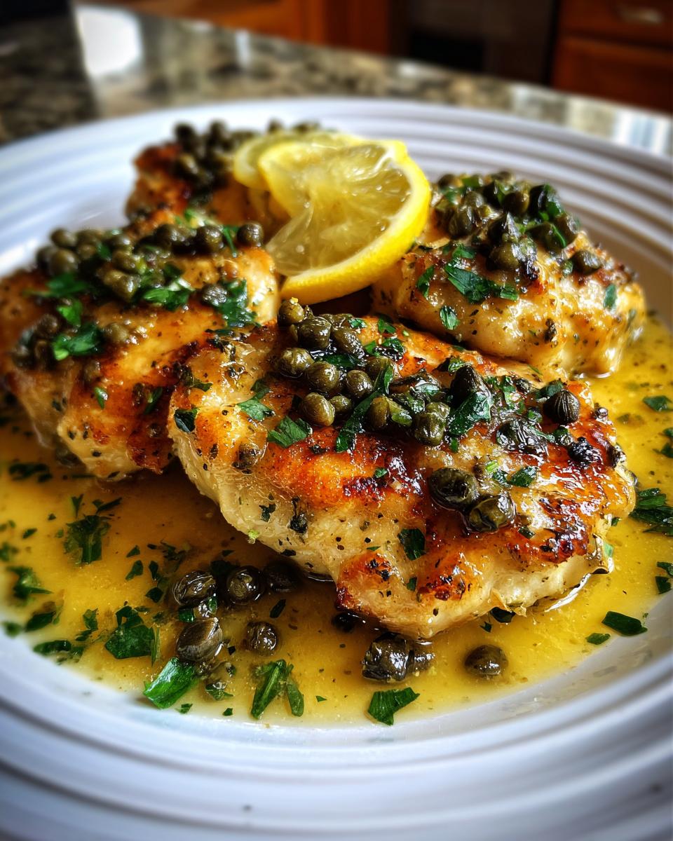 Close-up of three golden-brown chicken piccata fillets swimming in lemon-butter sauce, topped generously with capers and parsley.
