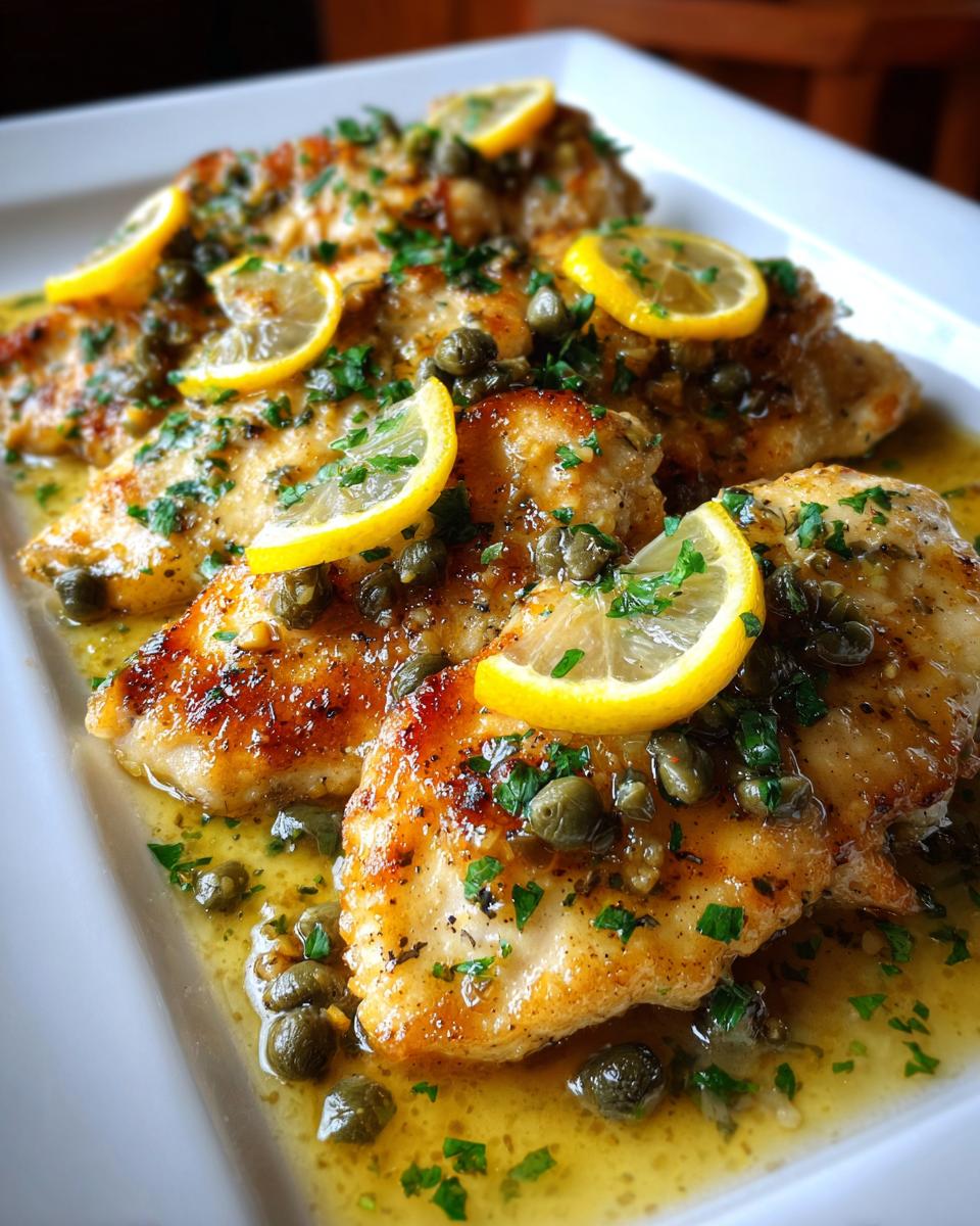 Close-up of golden pan-seared chicken piccata topped with lemon slices, capers, and fresh parsley.
